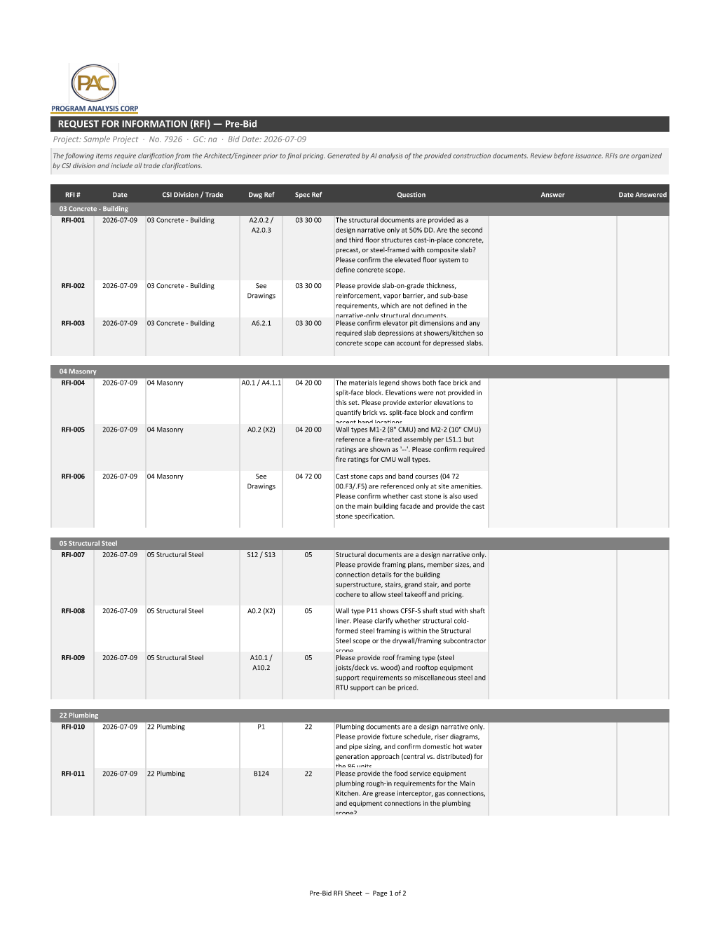 ScopeGen RFI sheet